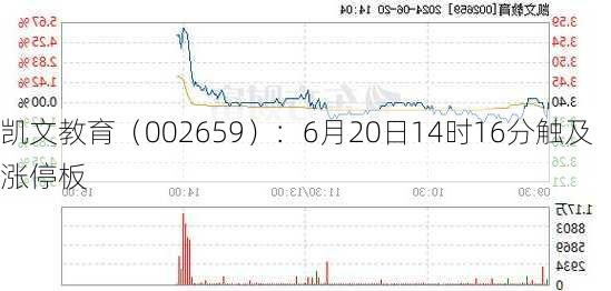 凯文教育（002659）：6月20日14时16分触及涨停板