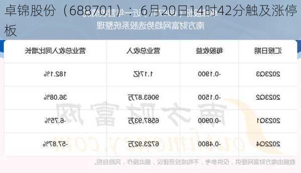 卓锦股份（688701）：6月20日14时42分触及涨停板