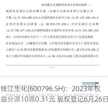 钱江生化(600796.SH)：2023年权益分派10派0.31元 股权登记6月26日