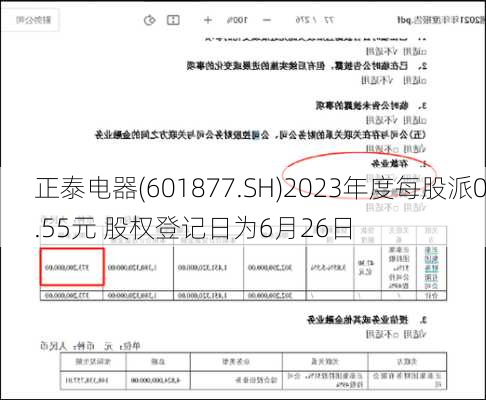 正泰电器(601877.SH)2023年度每股派0.55元 股权登记日为6月26日