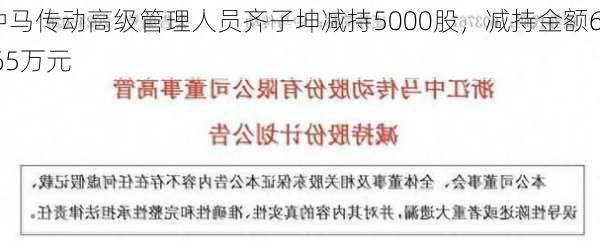 中马传动高级管理人员齐子坤减持5000股，减持金额6.65万元