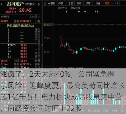 涨疯了，2天大涨40%，公司紧急提示风险！迎峰度夏，最高负荷同比增长超1亿千瓦！电力板块成高股息集中营，两路资金同时盯上22股