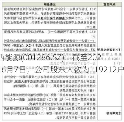 陕西能源(001286.SZ)：截至2024年6月7日，公司股东人数为119212户