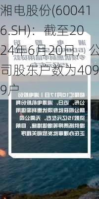 湘电股份(600416.SH)：截至2024年6月20日，公司股东户数为40949户