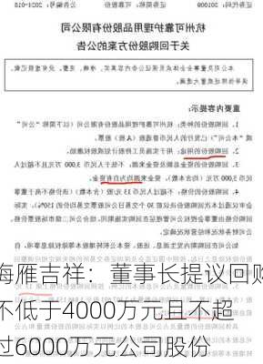 梅雁吉祥：董事长提议回购不低于4000万元且不超过6000万元公司股份