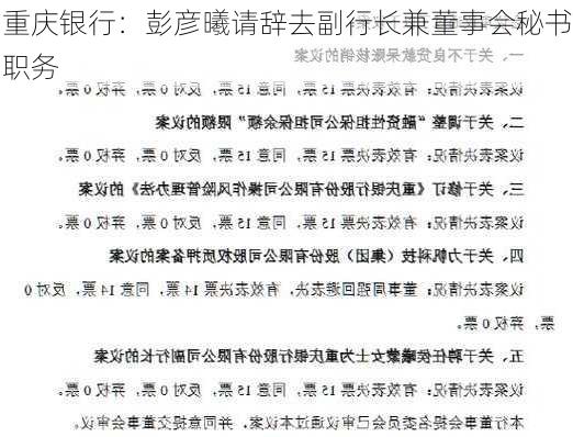 重庆银行：彭彦曦请辞去副行长兼董事会秘书职务