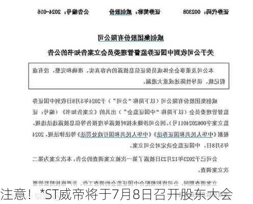 注意！*ST威帝将于7月8日召开股东大会