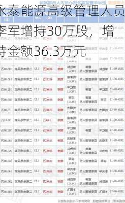 永泰能源高级管理人员李军增持30万股，增持金额36.3万元