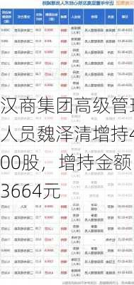 汉商集团高级管理人员魏泽清增持400股，增持金额3664元