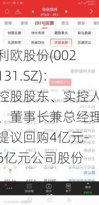 利欧股份(002131.SZ)：控股股东、实控人、董事长兼总经理提议回购4亿元-6亿元公司股份