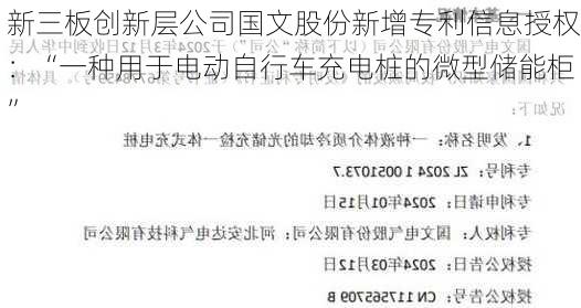 新三板创新层公司国文股份新增专利信息授权：“一种用于电动自行车充电桩的微型储能柜”