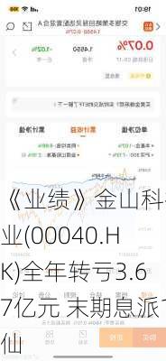 《业绩》金山科技工业(00040.HK)全年转亏3.67亿元 末期息派1仙