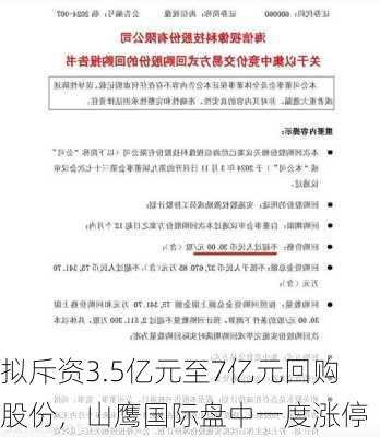 拟斥资3.5亿元至7亿元回购股份，山鹰国际盘中一度涨停