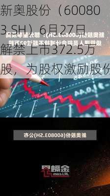 新奥股份（600803.SH）6月27日解禁上市372.5万股，为股权激励股份