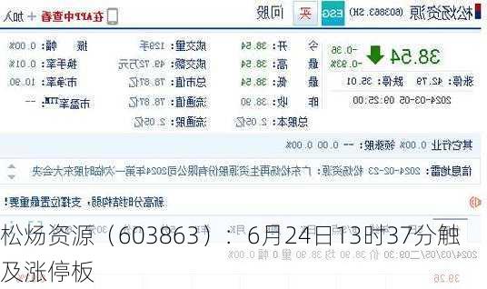松炀资源（603863）：6月24日13时37分触及涨停板