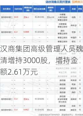 汉商集团高级管理人员魏泽清增持3000股，增持金额2.61万元