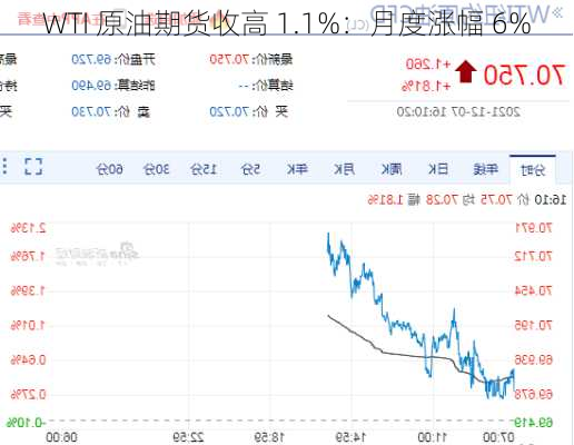 WTI 原油期货收高 1.1%：月度涨幅 6%