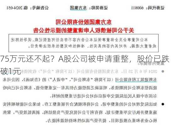 75万元还不起？A股公司被申请重整，股价已跌破1元