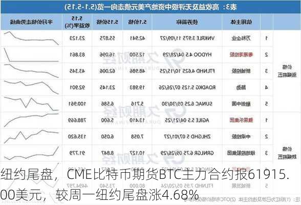 纽约尾盘，CME比特币期货BTC主力合约报61915.00美元，较周一纽约尾盘涨4.68%