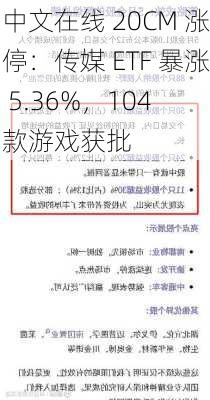 中文在线 20CM 涨停：传媒 ETF 暴涨 5.36%，104 款游戏获批