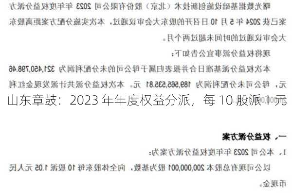 山东章鼓：2023 年年度权益分派，每 10 股派 1 元