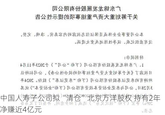 中国人寿子公司拟“清仓”北京万洋股权 持有2年净赚近4亿元