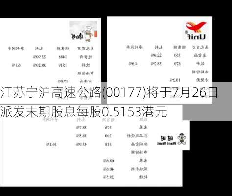 江苏宁沪高速公路(00177)将于7月26日派发末期股息每股0.5153港元