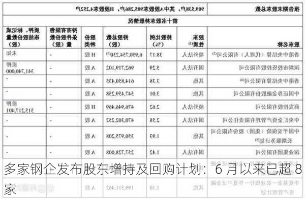 多家钢企发布股东增持及回购计划：6 月以来已超 8 家