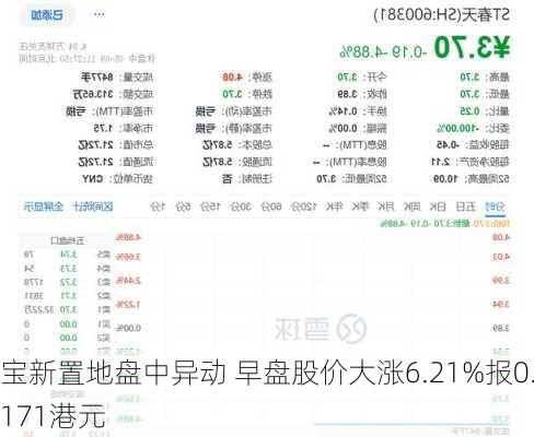 宝新置地盘中异动 早盘股价大涨6.21%报0.171港元