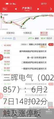 三晖电气（002857）：6月27日14时02分触及涨停板