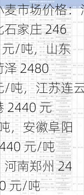 小麦市场价格：河北石家庄 2460 元/吨，山东菏泽 2480 元/吨，江苏连云港 2440 元/吨，安徽阜阳 2440 元/吨，河南郑州 2480 元/吨