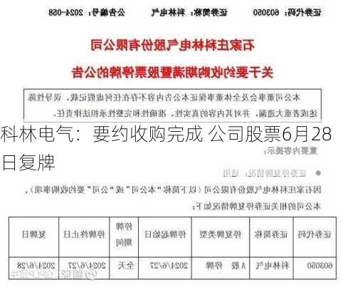 科林电气：要约收购完成 公司股票6月28日复牌