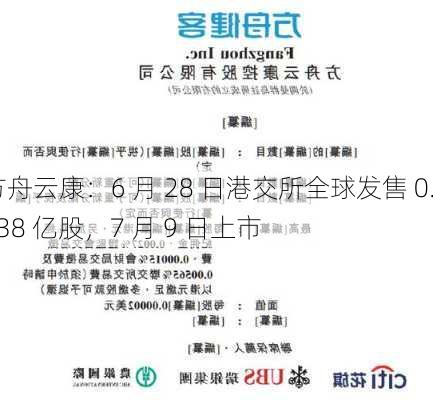 方舟云康：6 月 28 日港交所全球发售 0.238 亿股，7 月 9 日上市