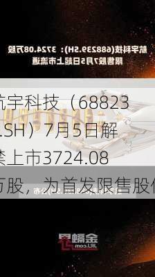 航宇科技（688239.SH）7月5日解禁上市3724.08万股，为首发限售股份