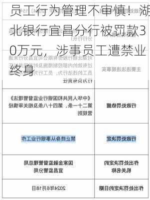 员工行为管理不审慎！湖北银行宜昌分行被罚款30万元，涉事员工遭禁业终身