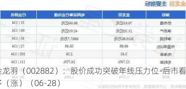 金龙羽（002882）：股价成功突破年线压力位-后市看多（涨）（06-28）