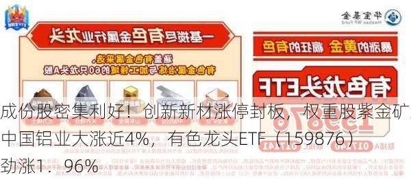 成份股密集利好！创新新材涨停封板，权重股紫金矿业、中国铝业大涨近4%，有色龙头ETF（159876）劲涨1．96%