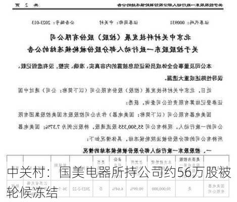 中关村：国美电器所持公司约56万股被轮候冻结