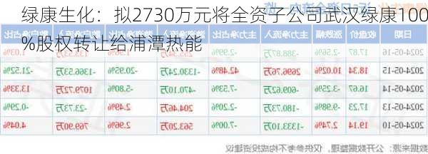 绿康生化：拟2730万元将全资子公司武汉绿康100%股权转让给浦潭热能