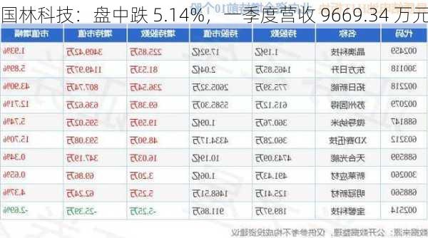 国林科技：盘中跌 5.14%，一季度营收 9669.34 万元