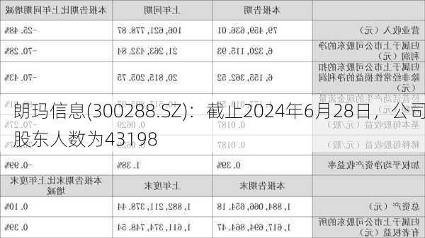 朗玛信息(300288.SZ)：截止2024年6月28日，公司股东人数为43198