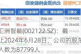 汇洲智能(002122.SZ)：截止2024年6月28日，公司的股东人数为87799人