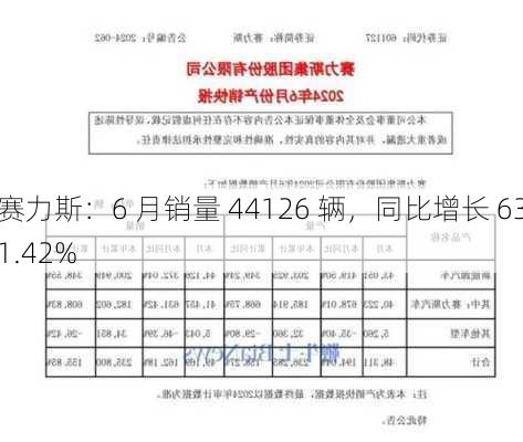 赛力斯：6 月销量 44126 辆，同比增长 631.42%