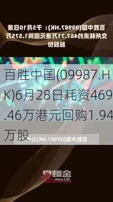 百胜中国(09987.HK)6月28日耗资469.46万港元回购1.94万股