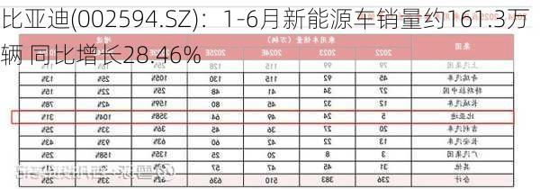 比亚迪(002594.SZ)：1-6月新能源车销量约161.3万辆 同比增长28.46%