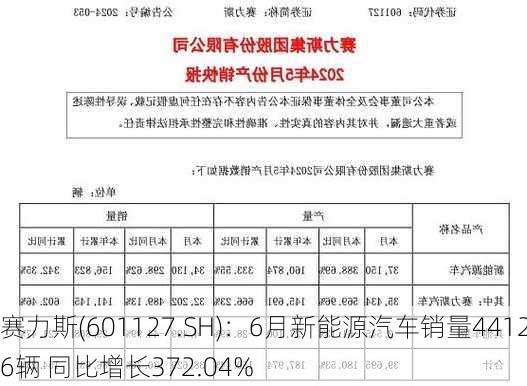 赛力斯(601127.SH)：6月新能源汽车销量44126辆 同比增长372.04%