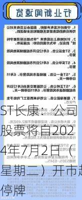 ST长康：公司股票将自2024年7月2日（星期二）开市起停牌