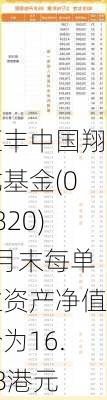 汇丰中国翔龙基金(00820)6月末每单位资产净值价为16.68港元