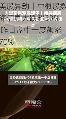 美股异动丨中概股数海信息大跌超33% 昨日盘中一度飙涨70%