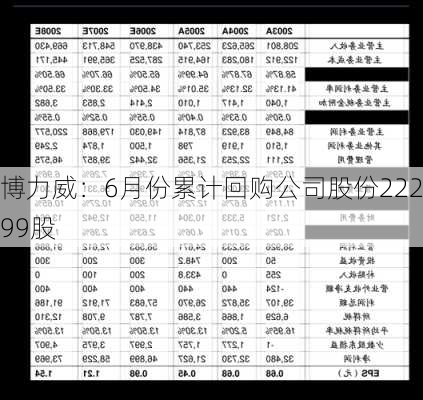 博力威：6月份累计回购公司股份22299股